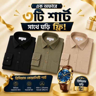 ৩পিস প্রিমিয়াম ফুল হাতা শার্ট সাথে ১টি ঘড়ি ফ্রী